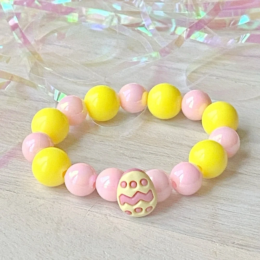 Girls Easter Yellow Pink Beaded Stretch Bracelet with Easter Egg Charm Stacking